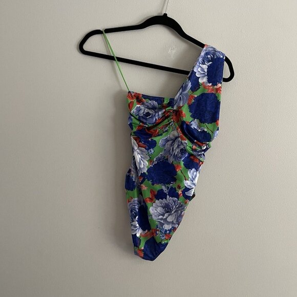 Zara Women S Green Floral Ruched Asymmetrical One Shoulder Bodysuit NWT - Picture 13 of 13